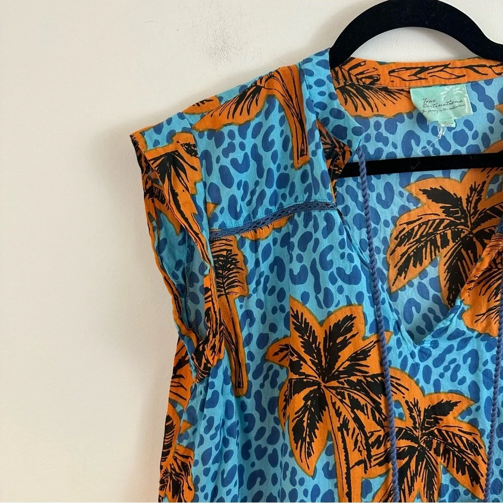 True Destinations Cheetah Palm Tree Print Bohemian Mini Dress Size Large - Picture 2 of 7
